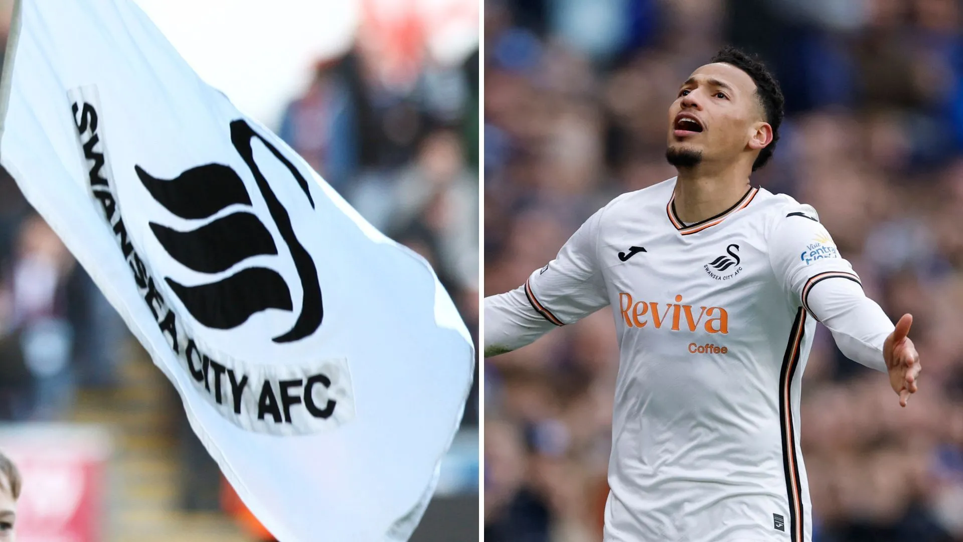 Cờ CLB Swansea City (trái) và hình ảnh cầu thủ Ronald Pereira (phải) trong màu áo Swansea