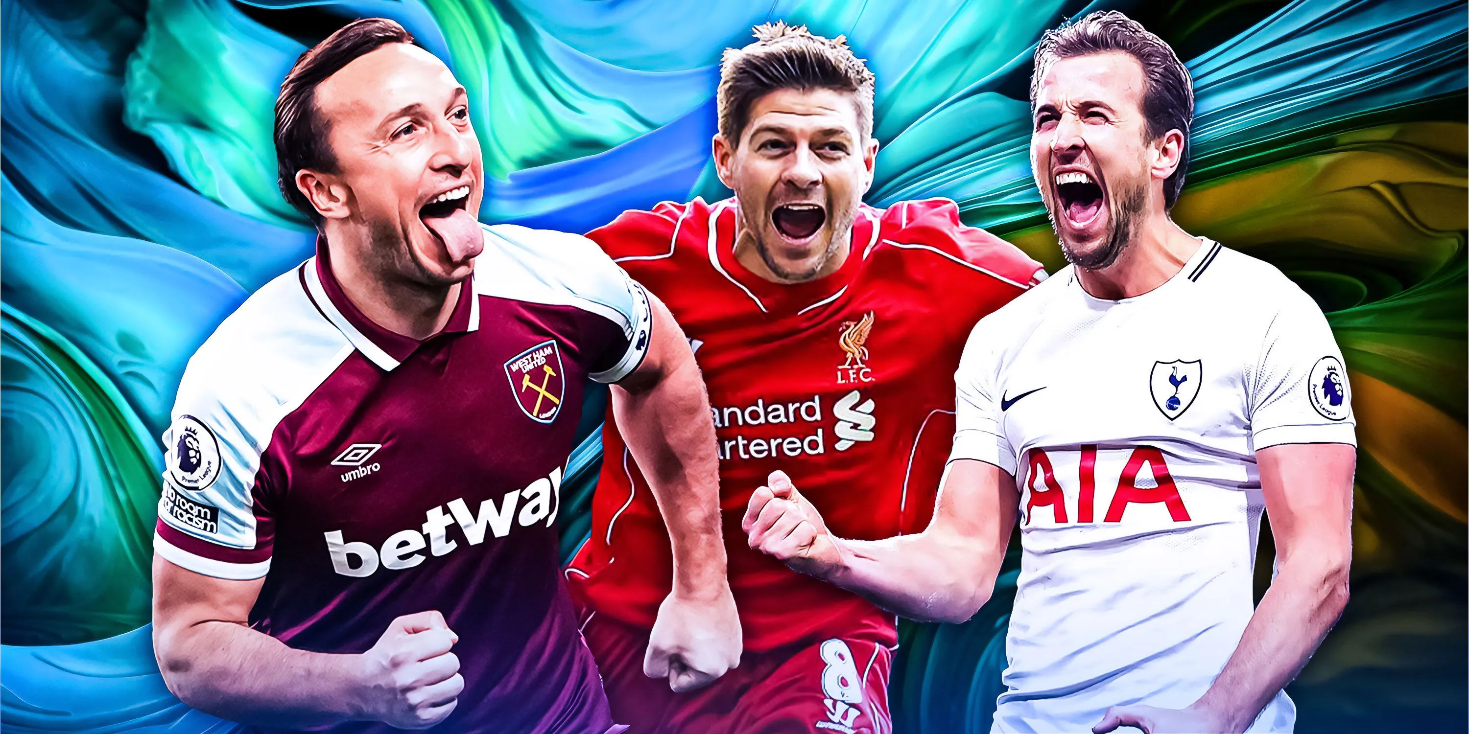 Mark Noble, Steven Gerrard và Harry Kane ăn mừng bàn thắng trên sân cỏ, thể hiện niềm vui sau những cú sút penalty thành công.